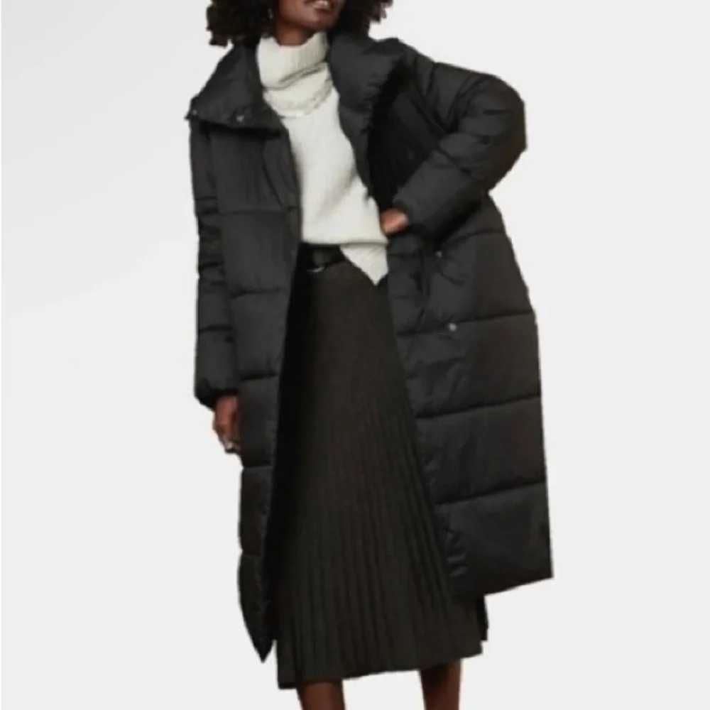 Banana Republic Women's Black Puffer Coat Mid Length With Large Collar Sz LP - Picture 1 of 6